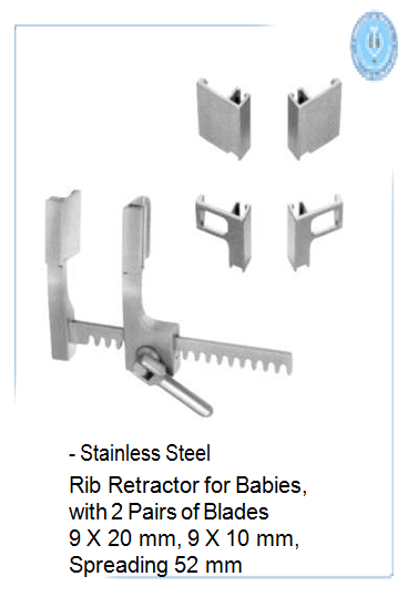 Rib Retractor, Stainless Steel, for babies, with 2 pairs of blades 9 x 20 mm, 9 x 10 mm, spreading 52 mm 