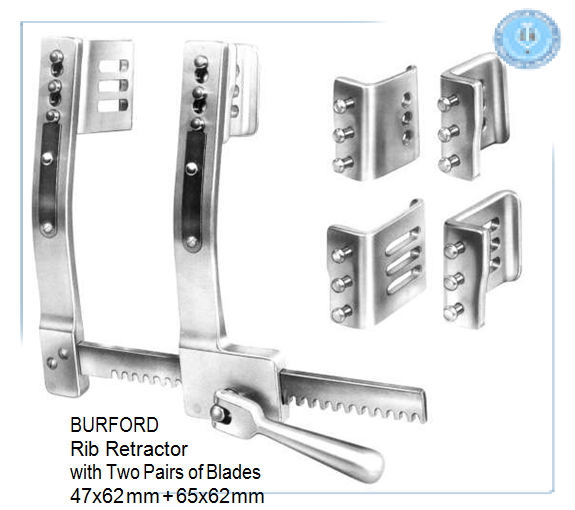 Burford, Rib Retractor, with two pairs of blades 47 x 62 mm + 65 x 62 mm spreading 260 mm, Stainless Steel 