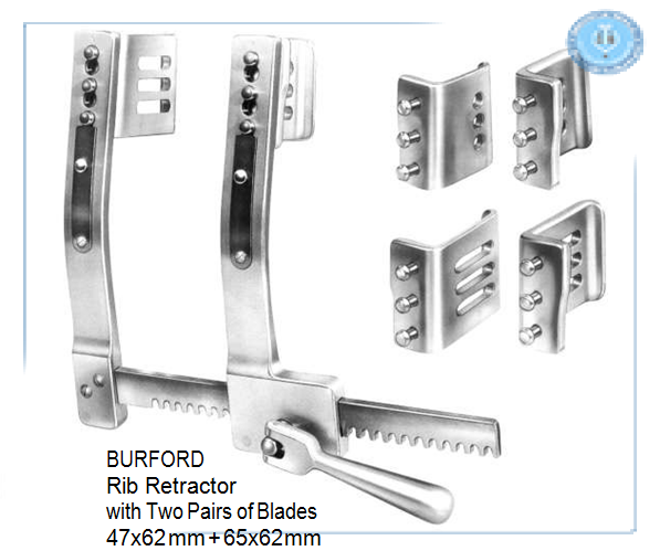 Burford, Rib Retractor, with two pairs of blades 47 x 62 mm + 65 x 62 mm spreading 200 mm, Aluminium  مباعد ضلوع 