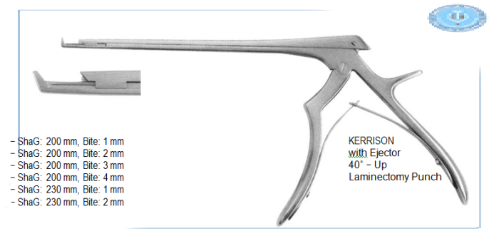Kerrison Laminectomy Punch, 40º - Up, Shaft Length: 230 mm, Bite: 1 mm, with Ejector