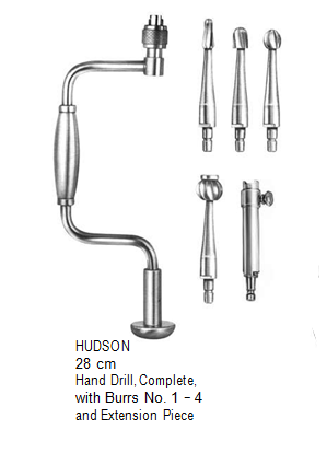 Hudson Hand Drill, complete, with burrs no. 1 - 4 and extension piece, 28 cm خرامة جمجمة