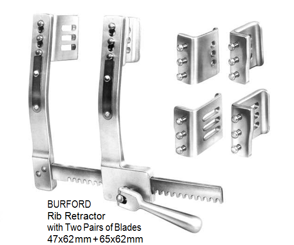 Burford, Rib Retractor, with two pairs of blades 47 x 62 mm + 65 x 62 mm spreading 260 mm, Aluminium   مباعد ضلوع 