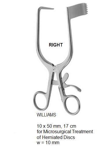 Williams Retractor, for microsurgical treatment of herniated discs, Right, 10 x 50 mm, 17 cm مباعد ذاتي انجليزي
